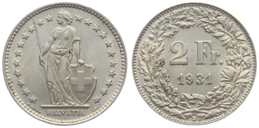 2 Franken 1931 B - vorzüglich bis unzirkuliert
